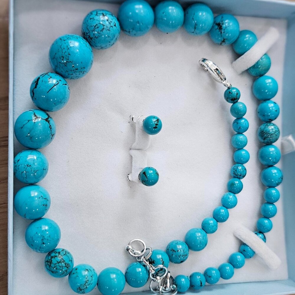 VTG Y2K Faux Turquoise Chunky Bead Necklace & Stud Earring Set 20" NIB Southwest